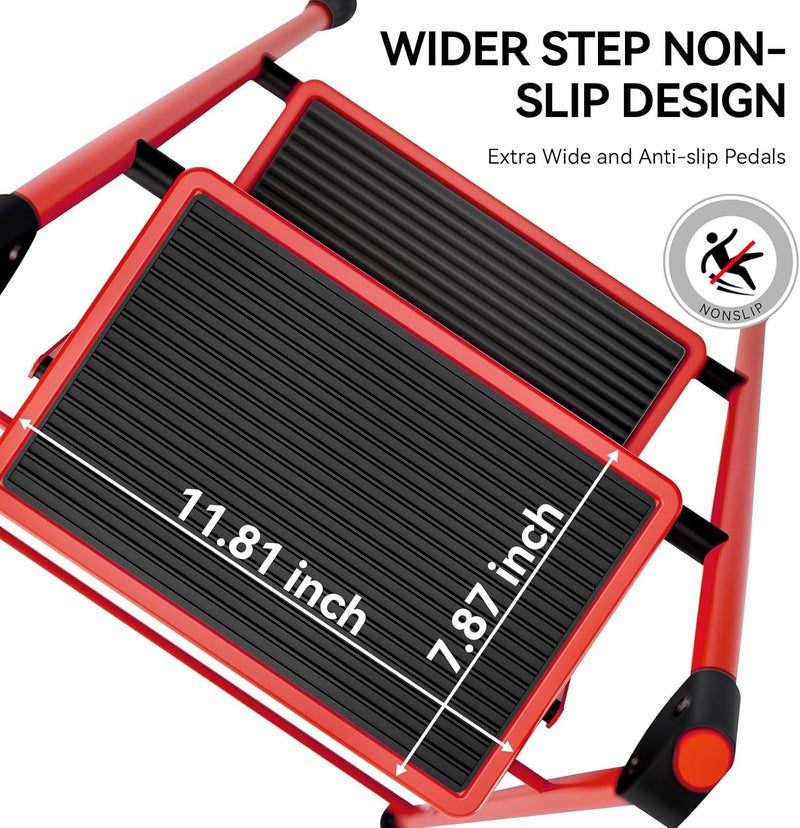 KINGRACK 2 Step Ladder, 2 Step Folding,Kitchen Ladder with Anti-Slip and Wide Pedal,Small Step Ladder with Handrails,Lightweight Portable Step Ladder for Kitchen Household,Red - Image 2